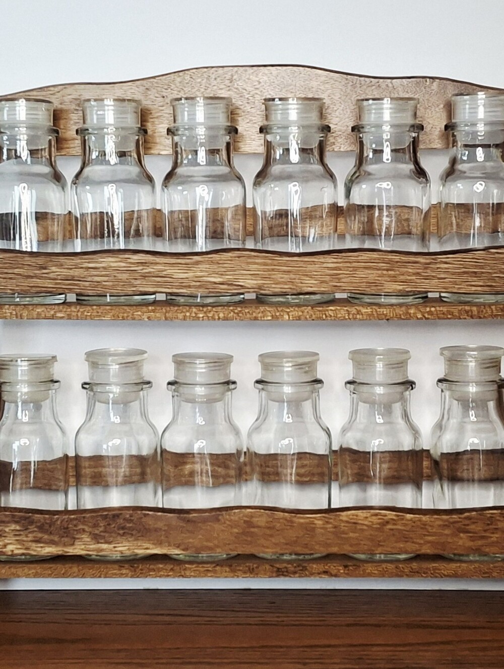 Vintage Wood Two Tier Spice Rack Apothecary Glass Jar Set Grandmacore Kitchen